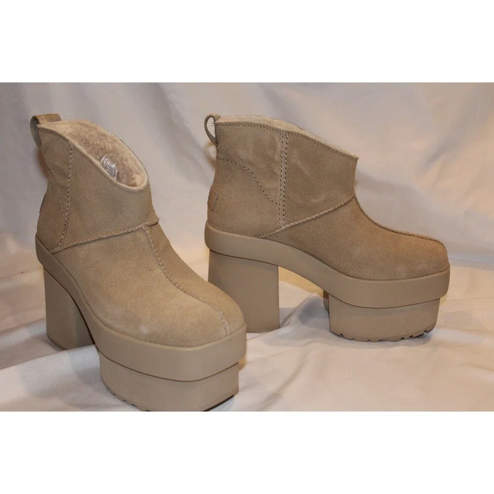 UGG NEW‎ HEIGHTS PLATFORM MINI SUEDE WOMEN'S BOOTS NIB MSD TAN